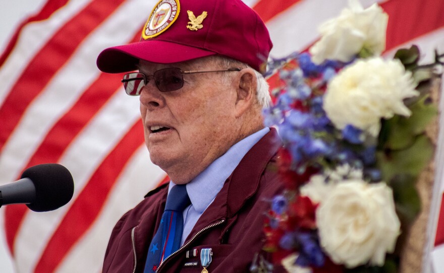 Navy Veteran Tom Crosby is shown speaking during the USS Midway Museum's Memorial Day service on May 31, 2021.