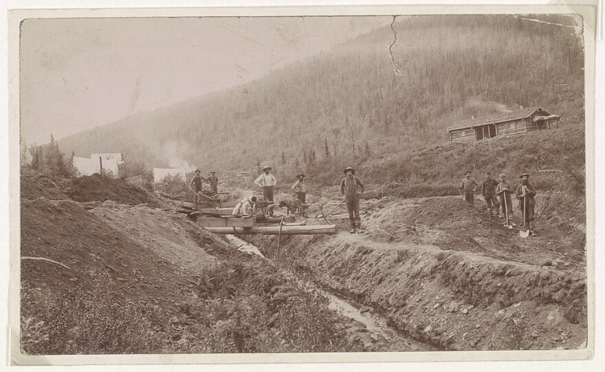 Gold miners pose near their camp on a hillside in El Dorado, California circa 1848 to 1853.