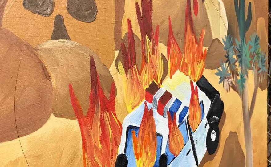 Detail of damage to Katie Carrion's work "The World on Fire," in a Nov. 30, 2020 photo.