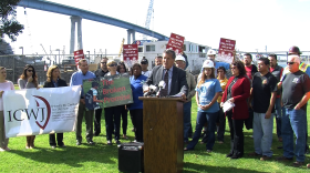 Rep. Juan Vargas (D-San Diego), along with civic and religious leaders, speaks out against "fast track" trade legislation, Feb. 23, 2015.