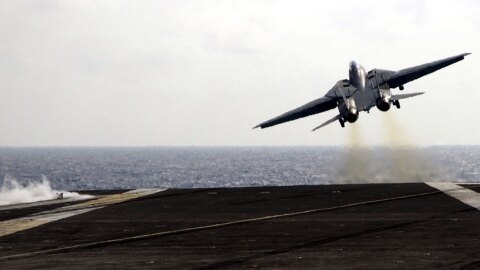 The final catapult launch of the F-14 Tomcat fighter aircraft aboard the USS Theodore Roosevelt on July 28, 2006. The U.S. military retired the plane that year.