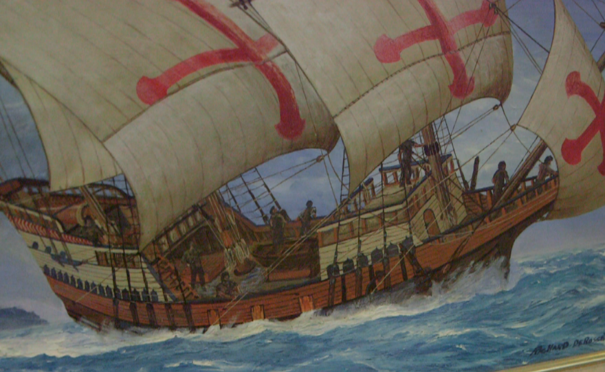 A painting by Richard DeRosset depicting the San Salvador when she sailed into San Diego Bay in 1542, on display at the Cabrillo National Monument, April 10, 2015.