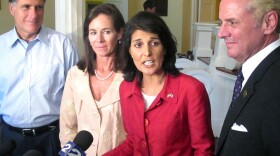 For a campaign appearance Friday, Nikki Haley was joined by former Massachusetts Gov. Mitt Romney (left), former South Carolina first lady Jenny Sanford, and state Attorney General Henry McMaster.
