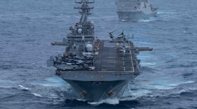 Wasp-class amphibious assault ship USS Boxer (LHD 4), front, and San Antonio-class amphibious transport dock ship USS Portland (LPD-27), sail in formation in the U.S. Central Command area of responsibility, June 30, 2026.