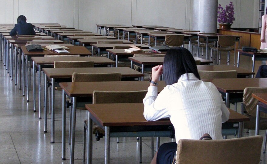 In the reading room at the Great People's Study Hall in Pyongyang, the legacy of Kim Il Sung's "on-spot guidance" can be seen in the single-person desks he recommended instead of long tables.