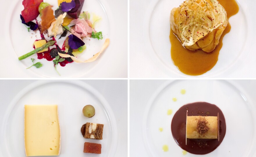 A sampling of the multi-course menu served at the Gout de France dinner at the French embassy in Washington, D.C. (Top left, clockwise): seasonal vegetables with winter truffle Bayonne ham crisps; slowly cooked monkfish with fennel pollen flavors in "Armoricaine" sauce; Ariane apple and Guanaja chocolate onctueux; "Saint-Nectaire" cheese, grilled bread with nuts and raisins.