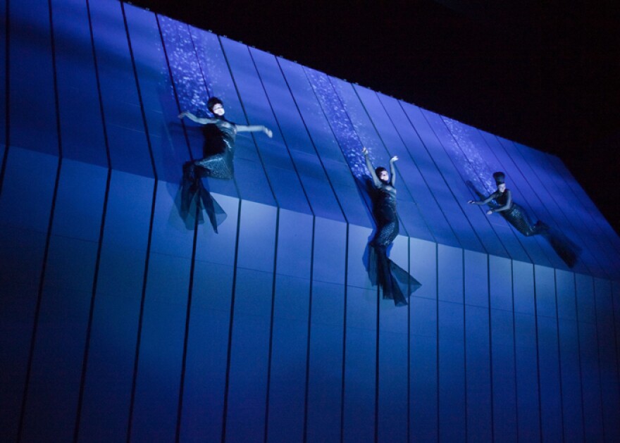 The Rheinmaidens (Jennifer Johnson, Lisette Oropesa, and Tamara Mumford) in a scene from Robert Lepage's production of Wagner's "Das Rheingold."