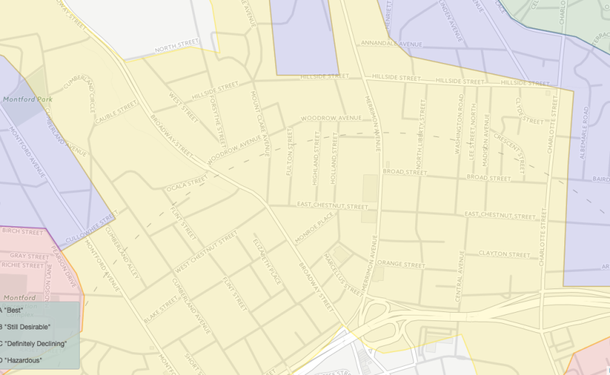 Zooming in reveals the redlining districts as an overlay on a modern map. This section shows part of Asheville, N.C.