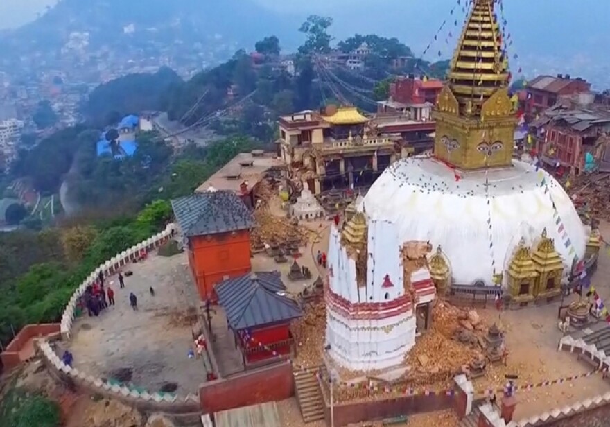 Aerial view of damaged Nepalese temple.