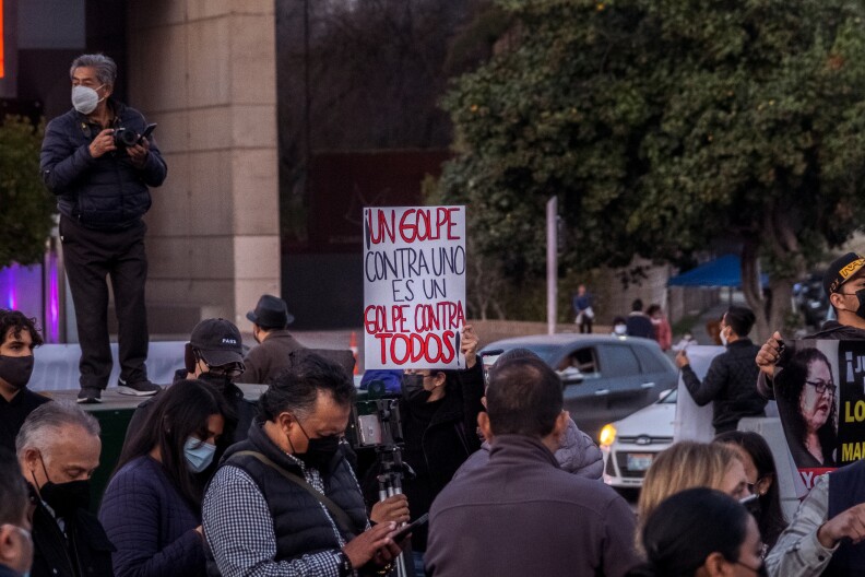 Journalists and supporters of journalism gather in Tijuana just before the local part of a nation wide march demanding the killing of Mexican journalists stops, January 25, 2022.