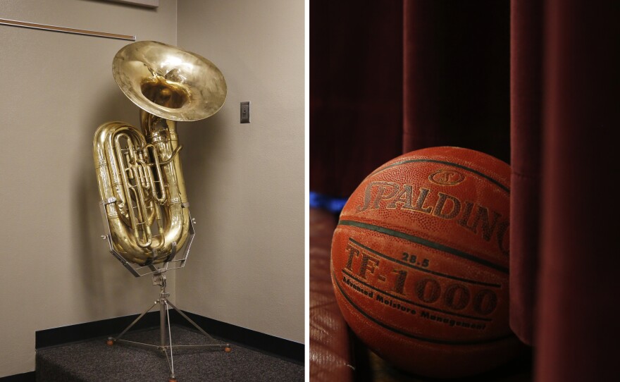 The Migrant Education Program helps schools like Angel's enhance resources for all students throughout the year. Left: A tuba at Minto High School. Right: A basketball in the Minto High gym.