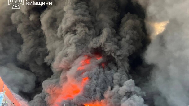 In this photo provided by the Ukrainian Emergency Service, firefighters put out a fire in a warehouse following a Russian drone attack near Kyiv, Ukraine on Saturday.