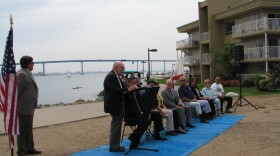 Coronado Bridge architect Robert Mosher speaks at a celebration in honor of the bridge's 40th anniversary.