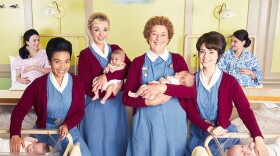 (L-R) Nurse Lucille Anderson (LEONIE ELLIOTT), Nurse Trixie (HELEN GEORGE), Nurse Crane (LINDA BASSETT), Valerie Dyer (JENNIFER KIRBY) on Season 9 of CALL THE MIDWIFE.