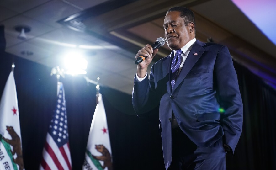Conservative radio host Larry Elder, a Republican, speaks to supporters after losing the California gubernatorial recall election on Sept. 14, 2021.