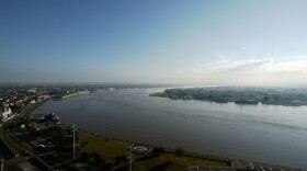 Aerial shot of New Orleans and the Mississippi River. 