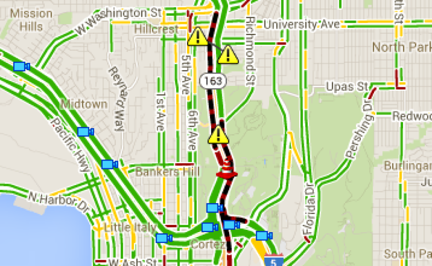 This screen grab from a CalTrans map shows a traffic accident and a fallen tree cause delays on the south and north 163, Feb. 28, 2014. 