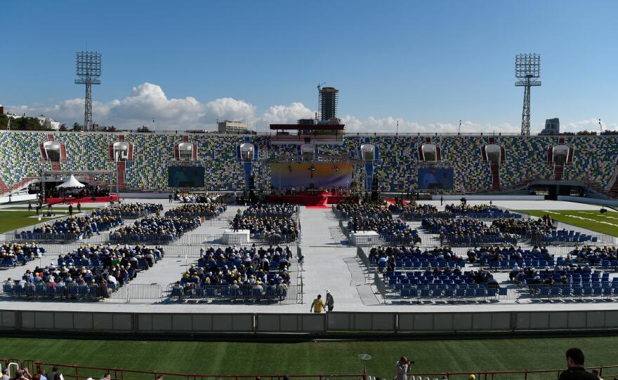 Pope Francis celebrates a Mass in Tbilisi's stadium on Saturday.