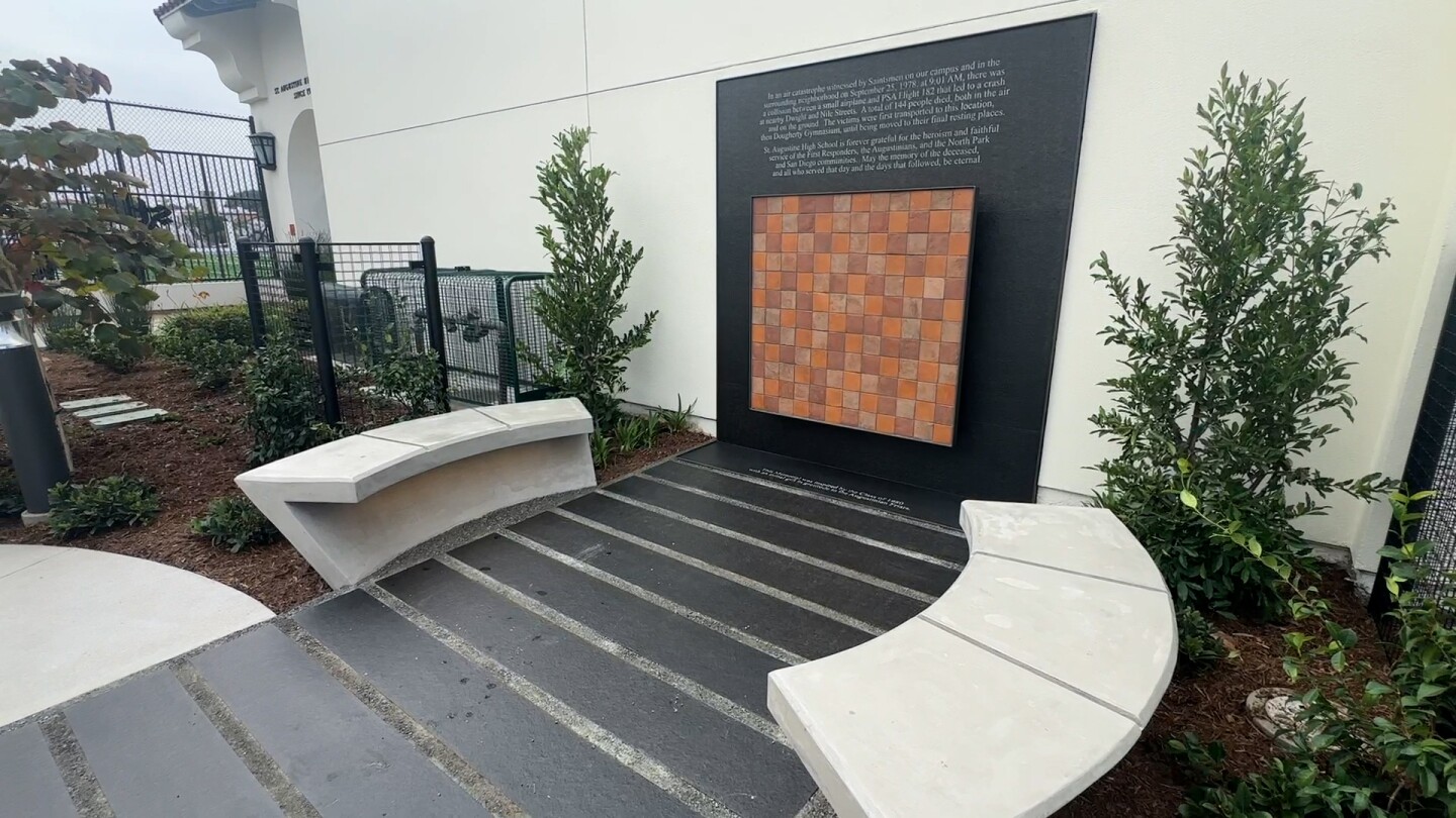 The memorial at St. Augustine High School is shown, part of a new prayer garden.