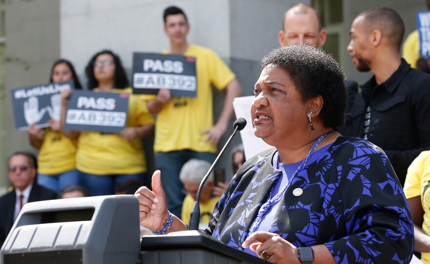 Assemblywoman Shirley Weber, D-San Diego, discusses her proposed measure to limit the use of deadly force by police during a rally at the Capitol, Monday, April 8, 2019.