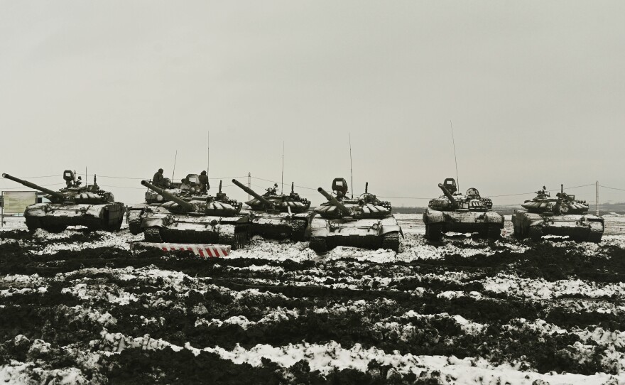 Russian tanks T-72B3 take part in drills at the Kadamovskiy firing range in the Rostov region in southern Russia, Jan. 12. Amid a buildup of Russian troops near Ukraine, Moscow has denied planning an attack on Ukraine but urged the U.S. and its allies to provide binding pledges including that Ukraine won't join NATO.