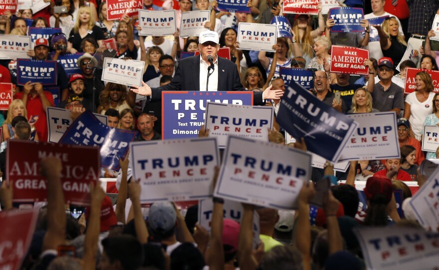 Republican presidential candidate Donald Trump speaks at a rally in Dimondale, Mich. on Aug. 19.