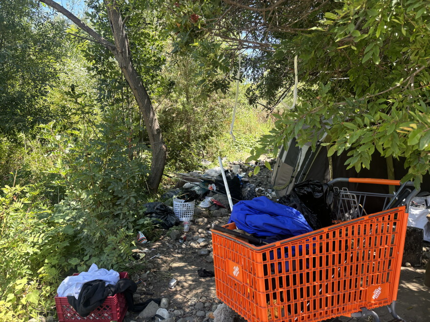 A homeless encampment along the San Diego Riverbed is shown on June 17, 2026.