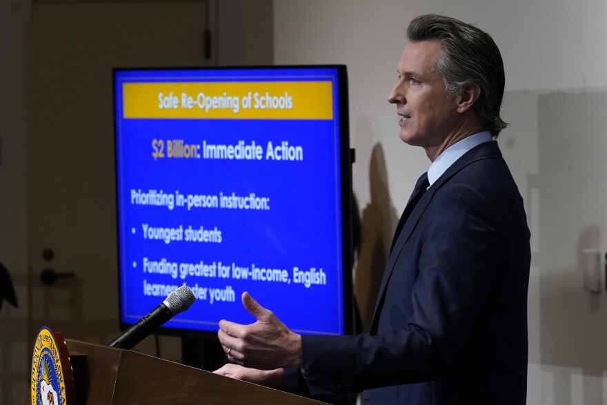 Gov. Gavin Newsom speaks about his 2021-2022 state budget proposal during a news conference in Sacramento, Calif., on Jan. 8, 2021.