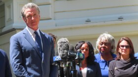 California Governor Gavin Newsom is joined by Democrats in the Texas state legislature Friday, July 25, 2025, outside the Governor's Mansion in Sacramento.