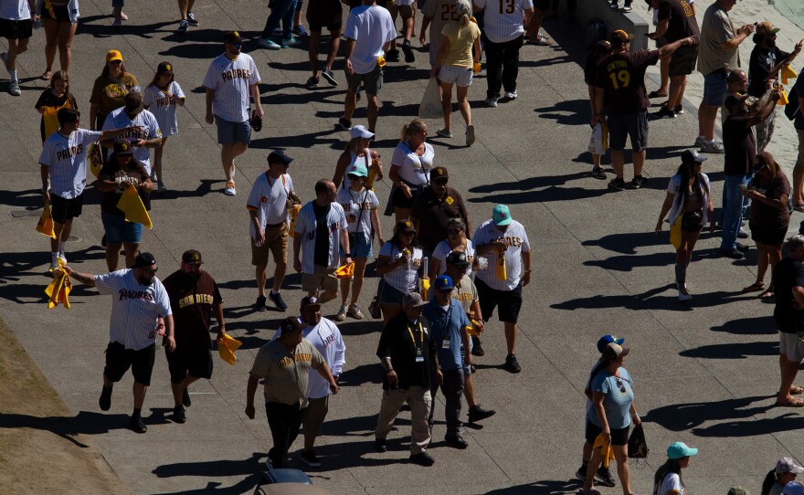 Padres fans walk around Petco Park before game two of the NLCS on Oct. 19, 2022. 