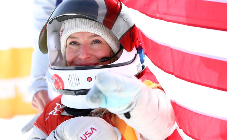 Gold medalist Jamie Anderson of the United States celebrates during the victory ceremony for the snowboard slopestyle, at the Pyeongchang 2018 Winter Olympics.