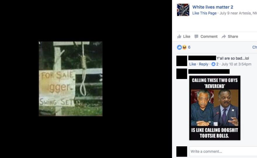 This image showing a noose, which was flagged by NPR, was not removed. A Facebook spokesperson explains that if the image included a person, a specific victim of a hate crime, then it would be removed.