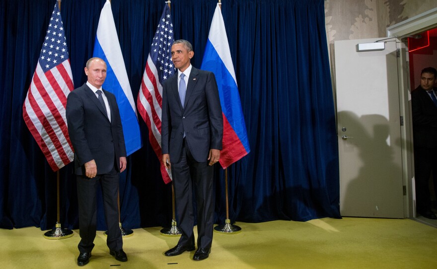 President Obama and Russian President Vladimir Putin pose for the media before a bilateral meeting at United Nations headquarters on Sept. 28, 2015.