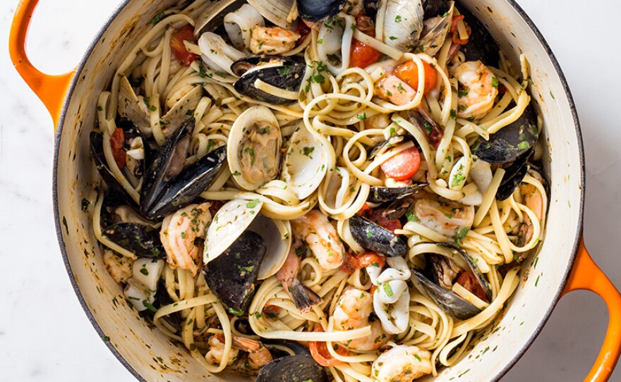 Linguine allo scoglio. In Season 18 of AMERICA'S TEST KITCHEN, hosts Bridget Lancaster and Julia Collin Davison head into the test kitchen to bring viewers equipment reviews, taste tests, and recipes for the home cook.