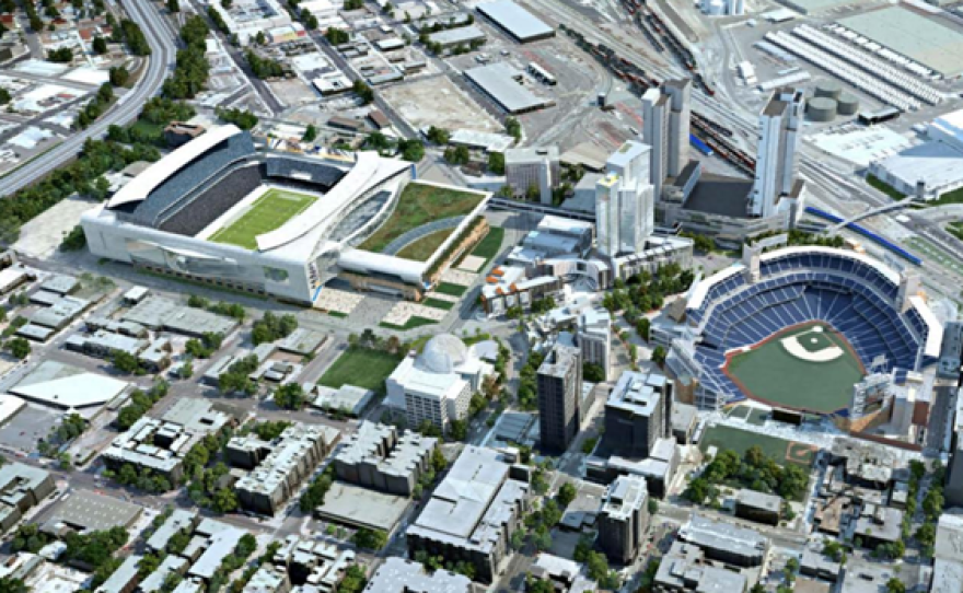 A conceptual rendering of the proposed Chargers stadium/convention center in downtown San Diego. The renderings may be revised in the future.