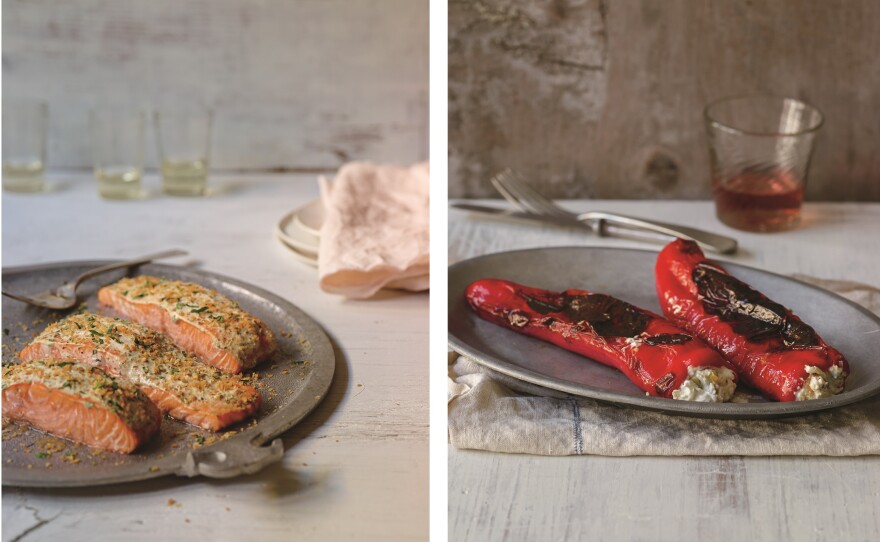 Left: Salmon marinaded in yogurt infused with fennel seeds and fresh tarragon. (Recipe is below.) Right: Sweet peppers stuffed with labneh, a recipe the author encountered on the Greek island of Kea. From Yogurt Culture, by Cheryl Sternman Rule