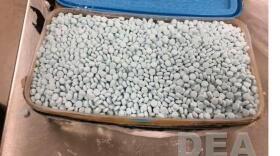 A box of counterfeit prescription pills containing fentanyl in this undated photo.