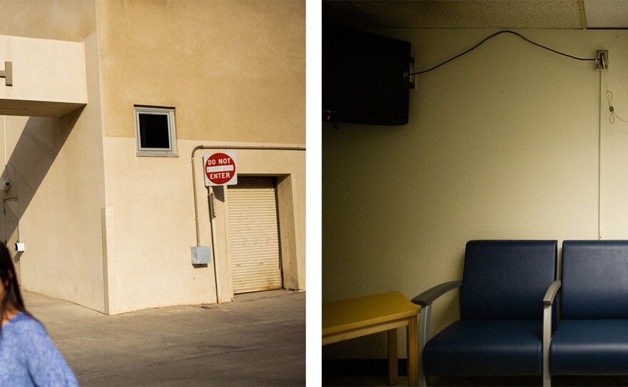 Left: Yang seeks out patients who have tested positive for syphilis to help them get treated and asks about sexual partners to make sure anyone exposed is also tested. Right: The waiting room in the Fresno County Department of Public Health.