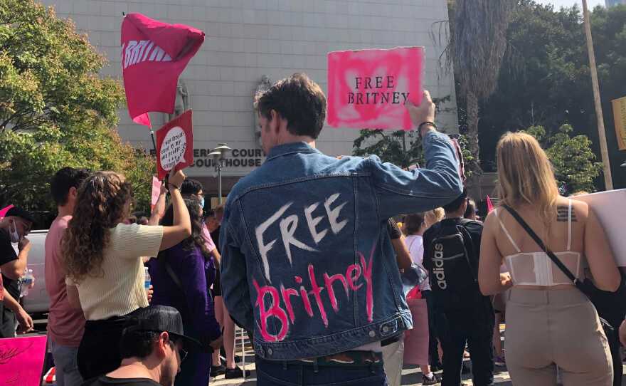 Britney Spears supporter Peter Stickles was among those demonstrating outside of Los Angeles Superior Court Wednesday.