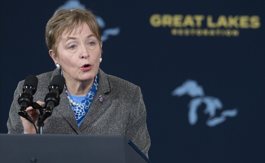 Rep. Marcy Kaptur, D-Ohio, speaks during an event with President Biden on Feb. 17 in Lorain, Ohio.
