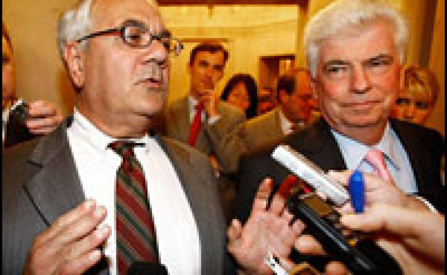 House Financial Services Committee Chairman Barney Frank (left) and Senate Banking Committee Chairman Christopher Dodd talk with reporters after a Sept. 18 meeting with Bush administration officials about a plan to rescue financial firms.