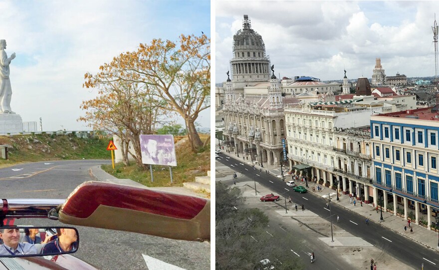 (Left) The approach to the Christ of Havana sculpture; (right) light clouds hang over El Capitolio, the Cuban National Capital, on Monday in Havana.