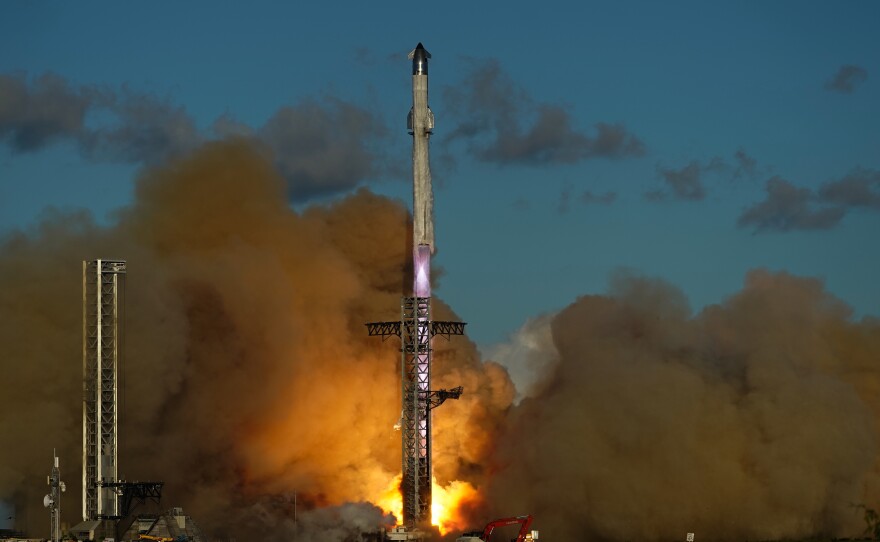 SpaceX's megarocket Starship blasts off for a test flight from Starbase in Boca Chica, Texas, on Oct. 13, 2025. Starcloud CEO Philip Johnston says Starship is central to building orbital data centers. He told investors: "If you don't think Starship's going to work, don't invest in us — that's totally fine."