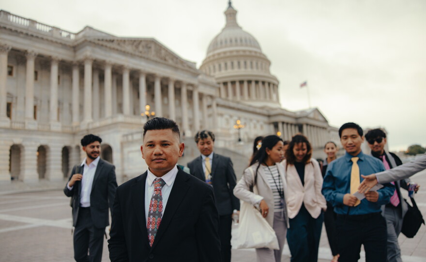 Robin Gurung walks with other ARU staff after meeting with lawmakers on Capitol Hill in Washington, D.C., on Sept. 17, 2025. He works in concert with the Asian Law Caucus to make sure that the issues facing his community, largely regarding the deportations of refugees, are seen by lawmakers.