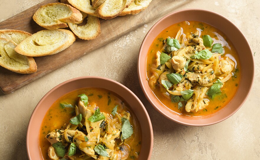 Provencal Braised Chicken elevated by fresh fennel, white wine, orange zest and saffron.