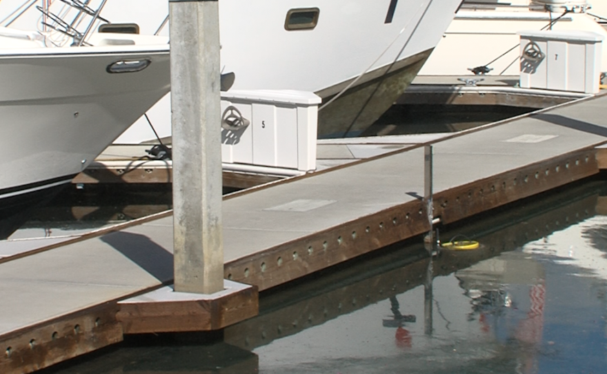 Seabin maintains a low profile as it filters water at the Carillo Isle Marina in San Diego on Nov. 9, 2017