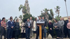 Leaders of some of Balboa Park's largest cultural institutions hold a news conference at Balboa Park on Jan. 21, 2026.