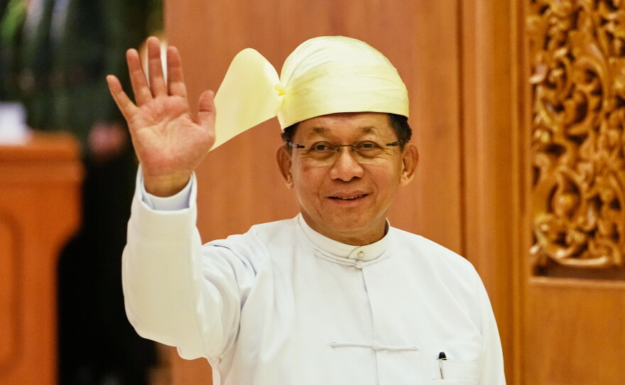 Senior Gen. Min Aung Hlaing, then head of Myanmar's military council, inspects officers during a parade to commemorate Myanmar's 78th Armed Forces Day in Naypyitaw, Myanmar, March 27, 2023.