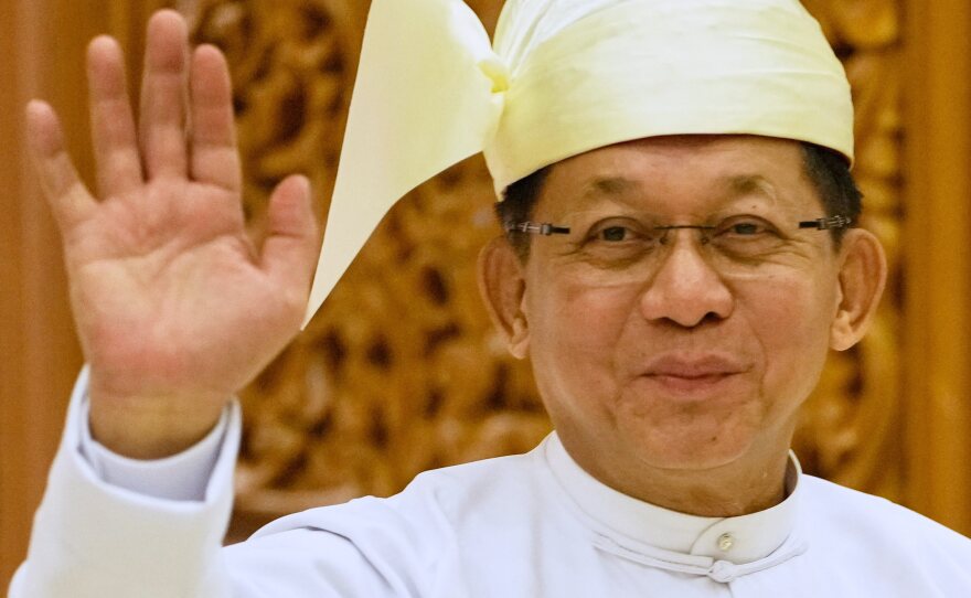 Myanmar's newly elected President Min Aung Hlaing waves as he leaves after a swearing-in ceremony at Union Parliament in Naypyitaw, Myanmar, on April 10, 2026.