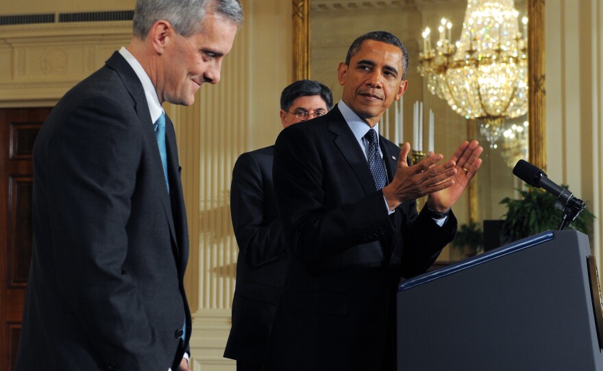 New White House Chief of Staff Denis McDonough (left), at Friday's announcement. Behind the president: outgoing Chief of Staff Jacob "Jack" Lew, who has been nominated to be Treasury secretary.